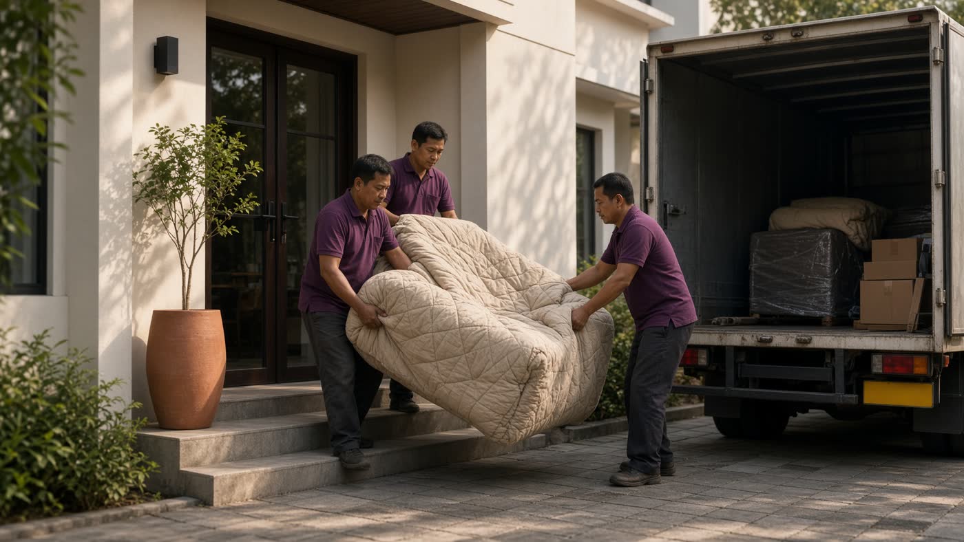 Kru Go Movers mengangkat sofa berbalut selimut ke truk box